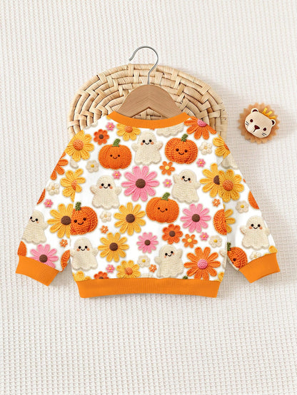 Baby Girl Casual Cute Halloween Pumpkin Floral Ghost Print, Simple Loose Round Neck Sweatshirt Suitable For Autumn/Winter Street Retro Style, Comfortable And Relaxed, Children's Autumn Layering, Y2K