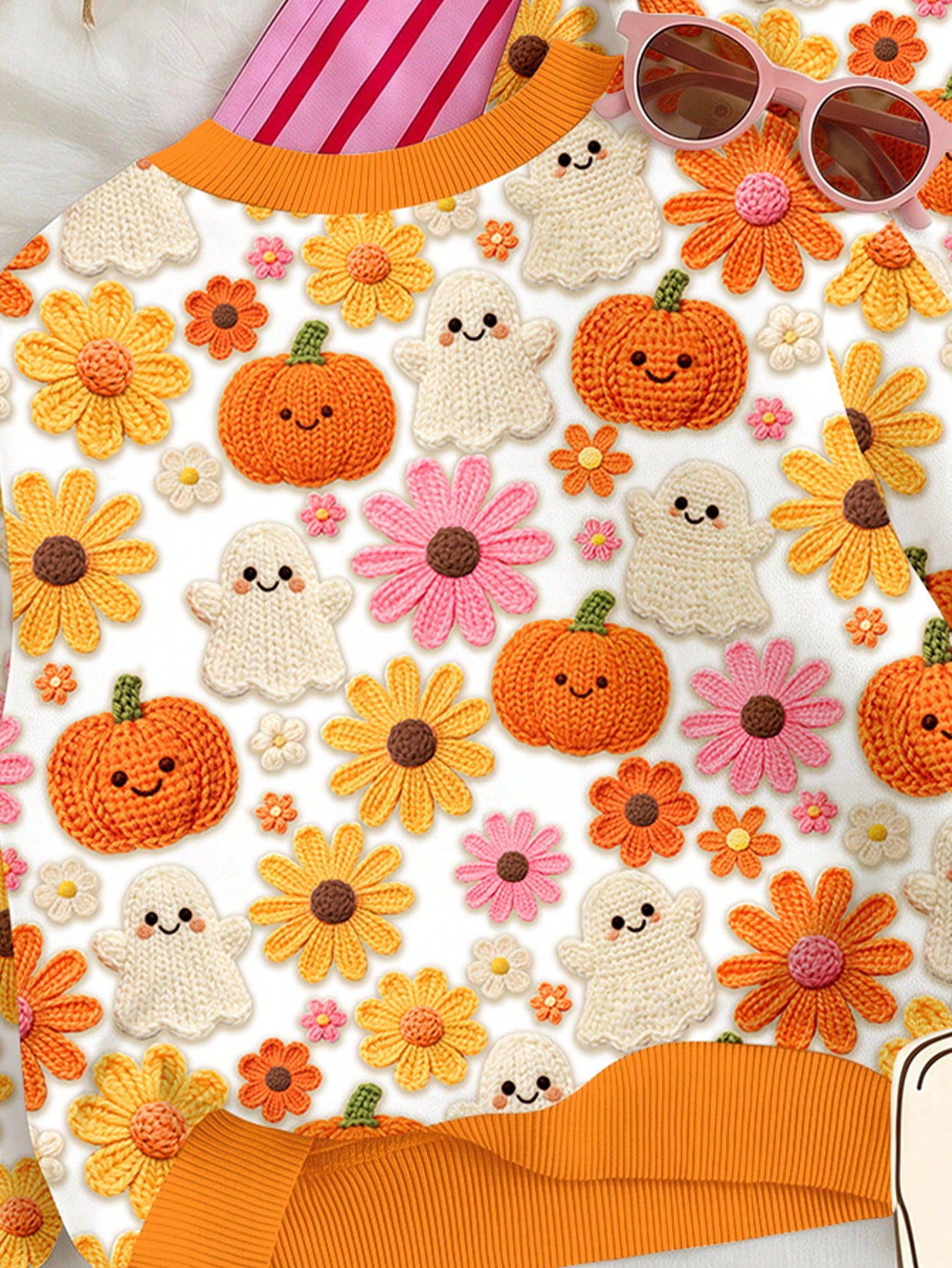 Baby Girl Casual Cute Halloween Pumpkin Floral Ghost Print, Simple Loose Round Neck Sweatshirt Suitable For Autumn/Winter Street Retro Style, Comfortable And Relaxed, Children's Autumn Layering, Y2K