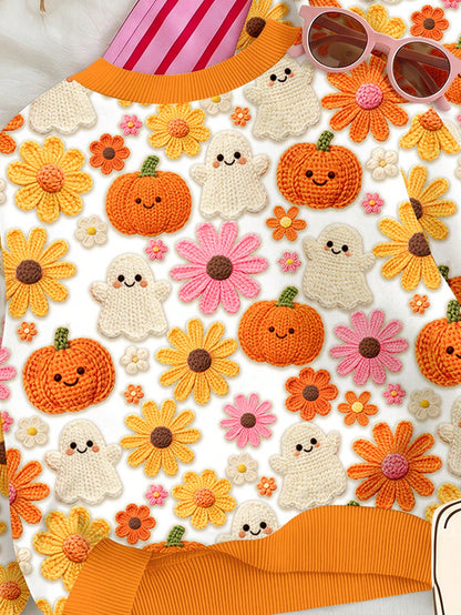 Baby Girl Casual Cute Halloween Pumpkin Floral Ghost Print, Simple Loose Round Neck Sweatshirt Suitable For Autumn/Winter Street Retro Style, Comfortable And Relaxed, Children's Autumn Layering, Y2K
