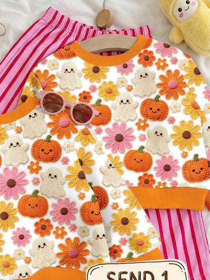 Baby Girl Casual Cute Halloween Pumpkin Floral Ghost Print, Simple Loose Round Neck Sweatshirt Suitable For Autumn/Winter Street Retro Style, Comfortable And Relaxed, Children's Autumn Layering, Y2K