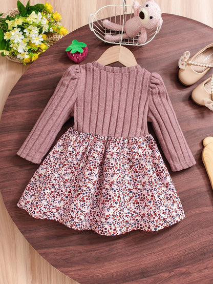 Baby Girl Casual Ditsy Floral Long Sleeve Ribbed Knitted Dress, Autumn