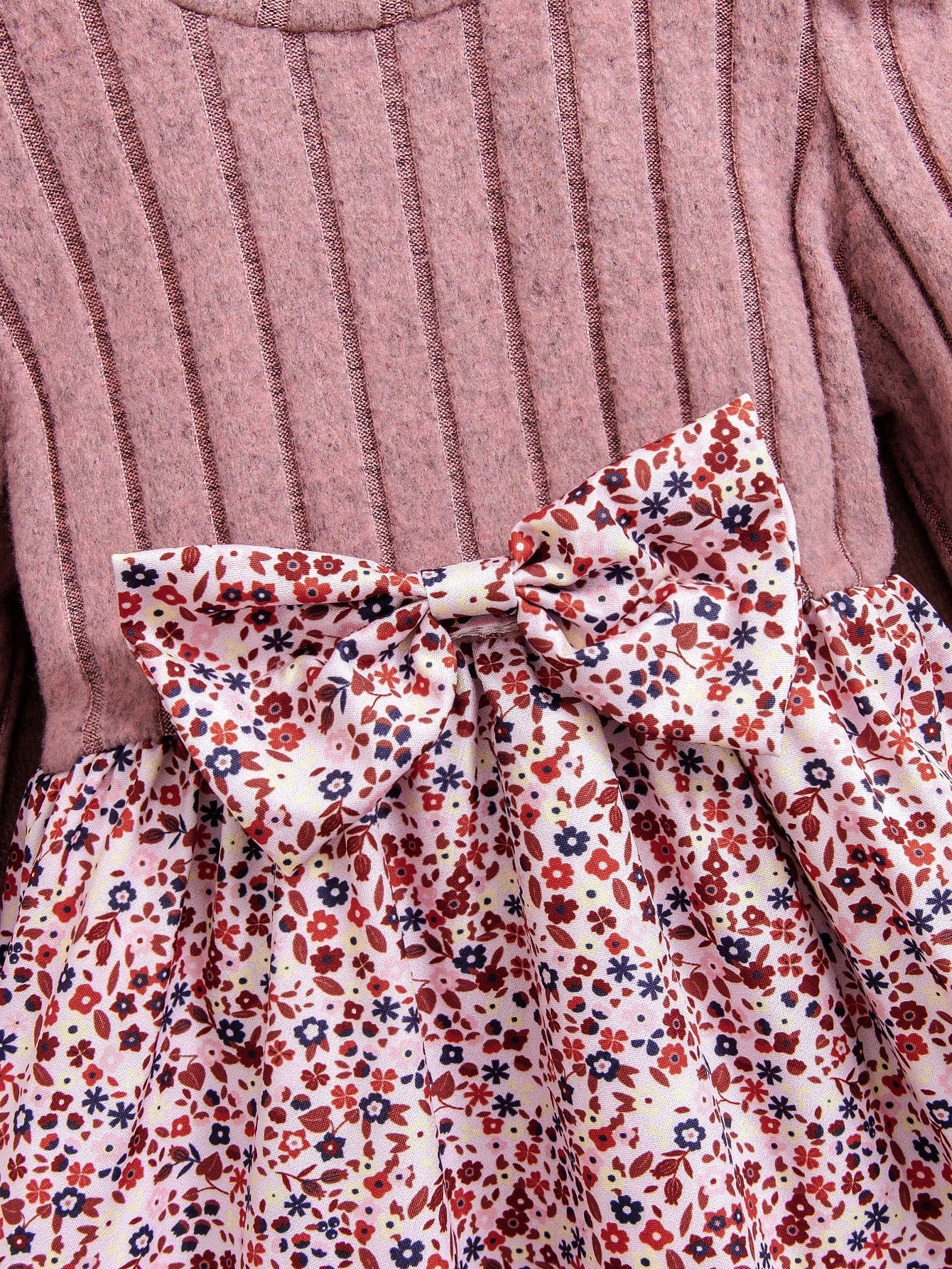 Baby Girl Casual Ditsy Floral Long Sleeve Ribbed Knitted Dress, Autumn