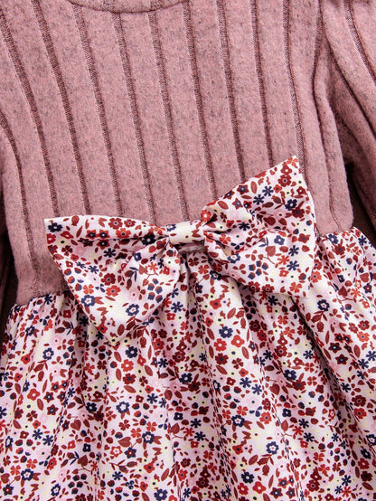 Baby Girl Casual Ditsy Floral Long Sleeve Ribbed Knitted Dress, Autumn