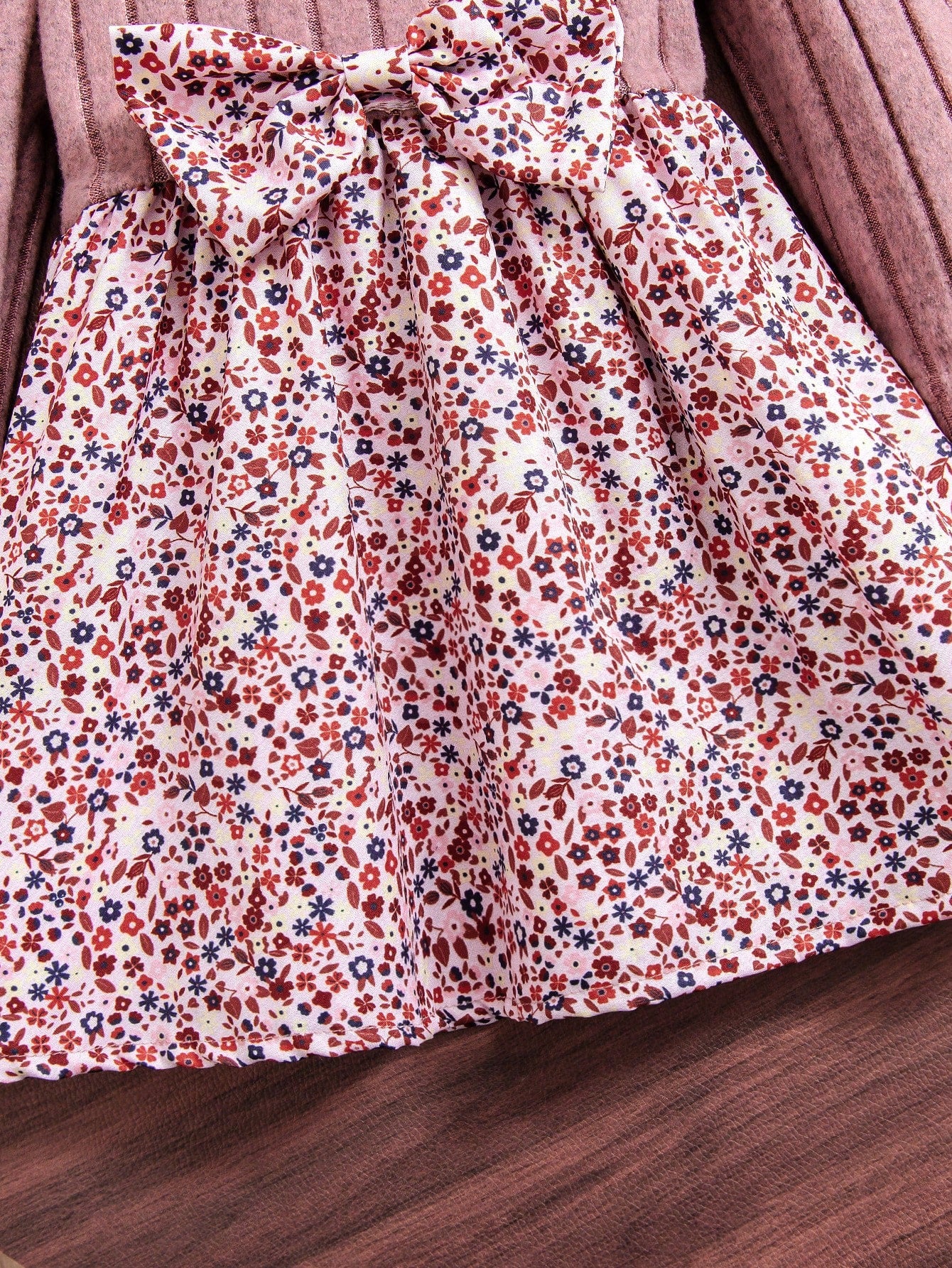 Baby Girl Casual Ditsy Floral Long Sleeve Ribbed Knitted Dress, Autumn