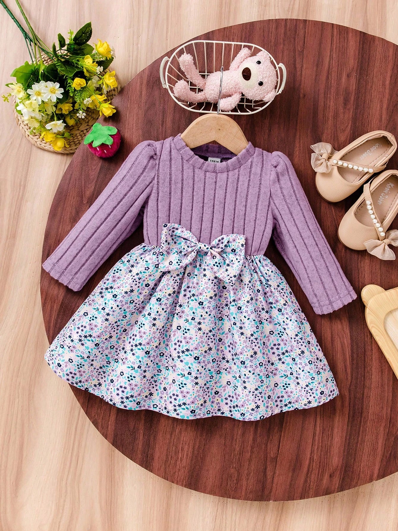 Baby Girl Casual Ditsy Floral Long Sleeve Ribbed Knitted Dress, Autumn