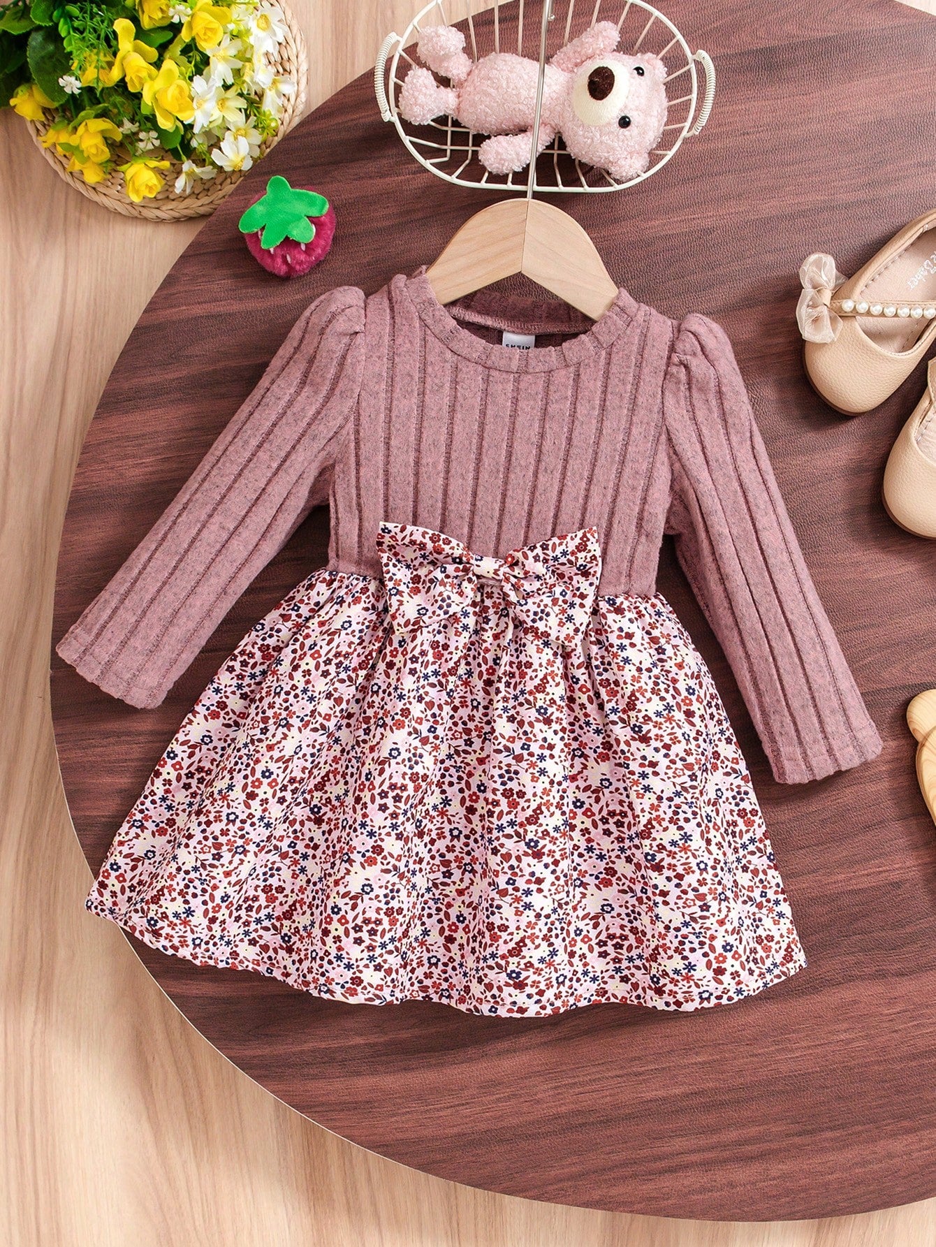 Baby Girl Casual Ditsy Floral Long Sleeve Ribbed Knitted Dress, Autumn