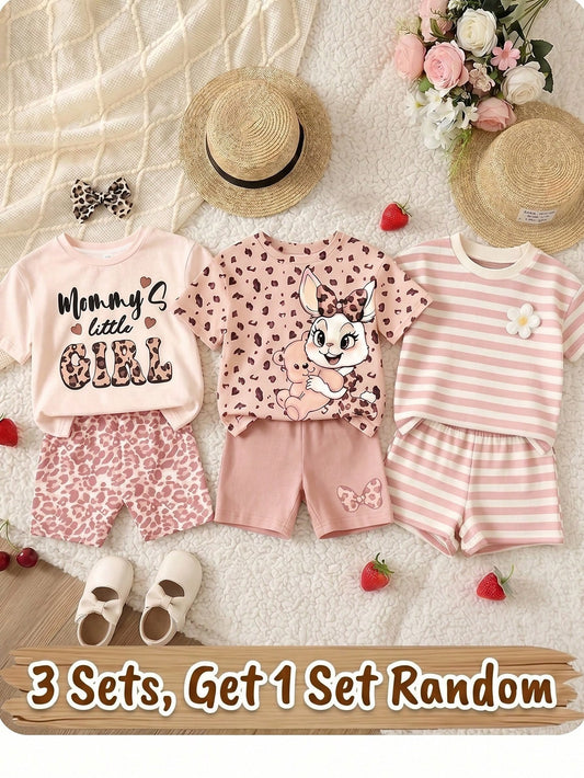 Baby Girl Cute Pink Retro Leopard Print Summer Set,Mama's Little Girl Casual Round Neck Short Sleeve T-Shirt And Skinny Shorts,Family Matching Style