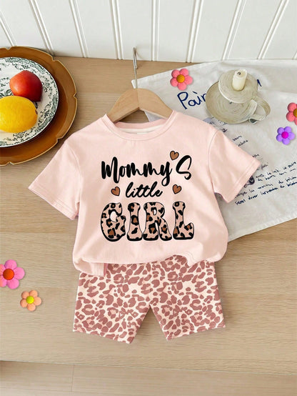 Baby Girl Cute Pink Retro Leopard Print Summer Set,Mama's Little Girl Casual Round Neck Short Sleeve T-Shirt And Skinny Shorts,Family Matching Style