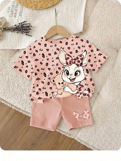 Baby Girl Cute Pink Retro Leopard Print Summer Set,Mama's Little Girl Casual Round Neck Short Sleeve T-Shirt And Skinny Shorts,Family Matching Style