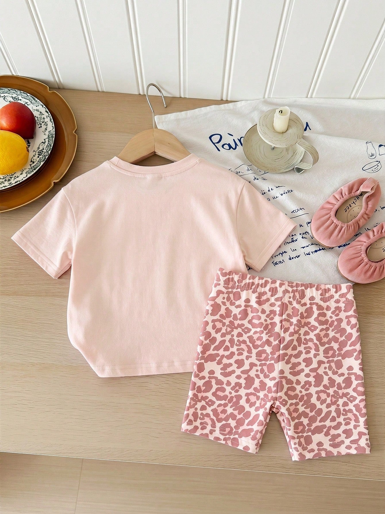 Baby Girl Cute Pink Retro Leopard Print Summer Set,Mama's Little Girl Casual Round Neck Short Sleeve T-Shirt And Skinny Shorts,Family Matching Style