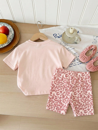 Baby Girl Cute Pink Retro Leopard Print Summer Set,Mama's Little Girl Casual Round Neck Short Sleeve T-Shirt And Skinny Shorts,Family Matching Style