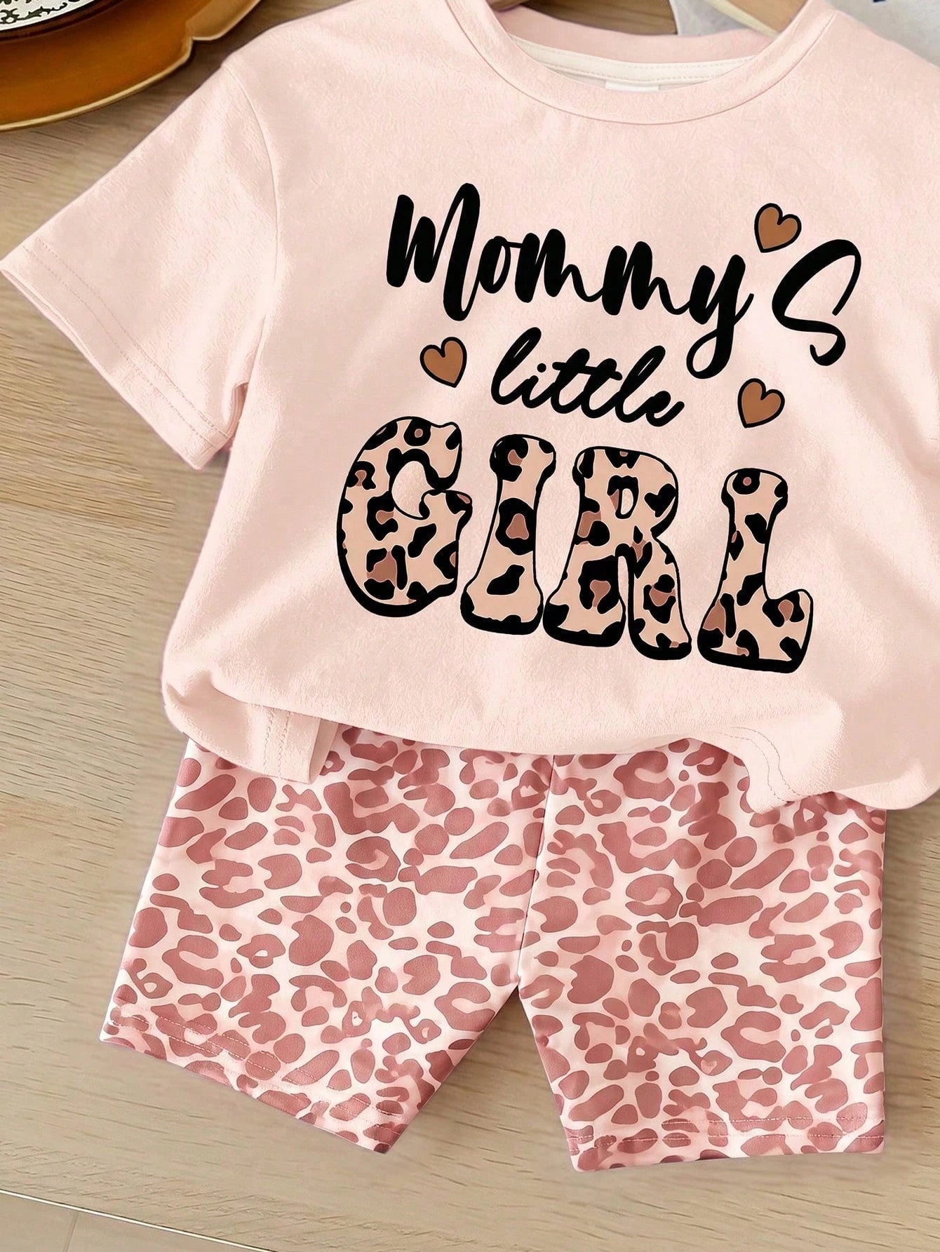 Baby Girl Cute Pink Retro Leopard Print Summer Set,Mama's Little Girl Casual Round Neck Short Sleeve T-Shirt And Skinny Shorts,Family Matching Style