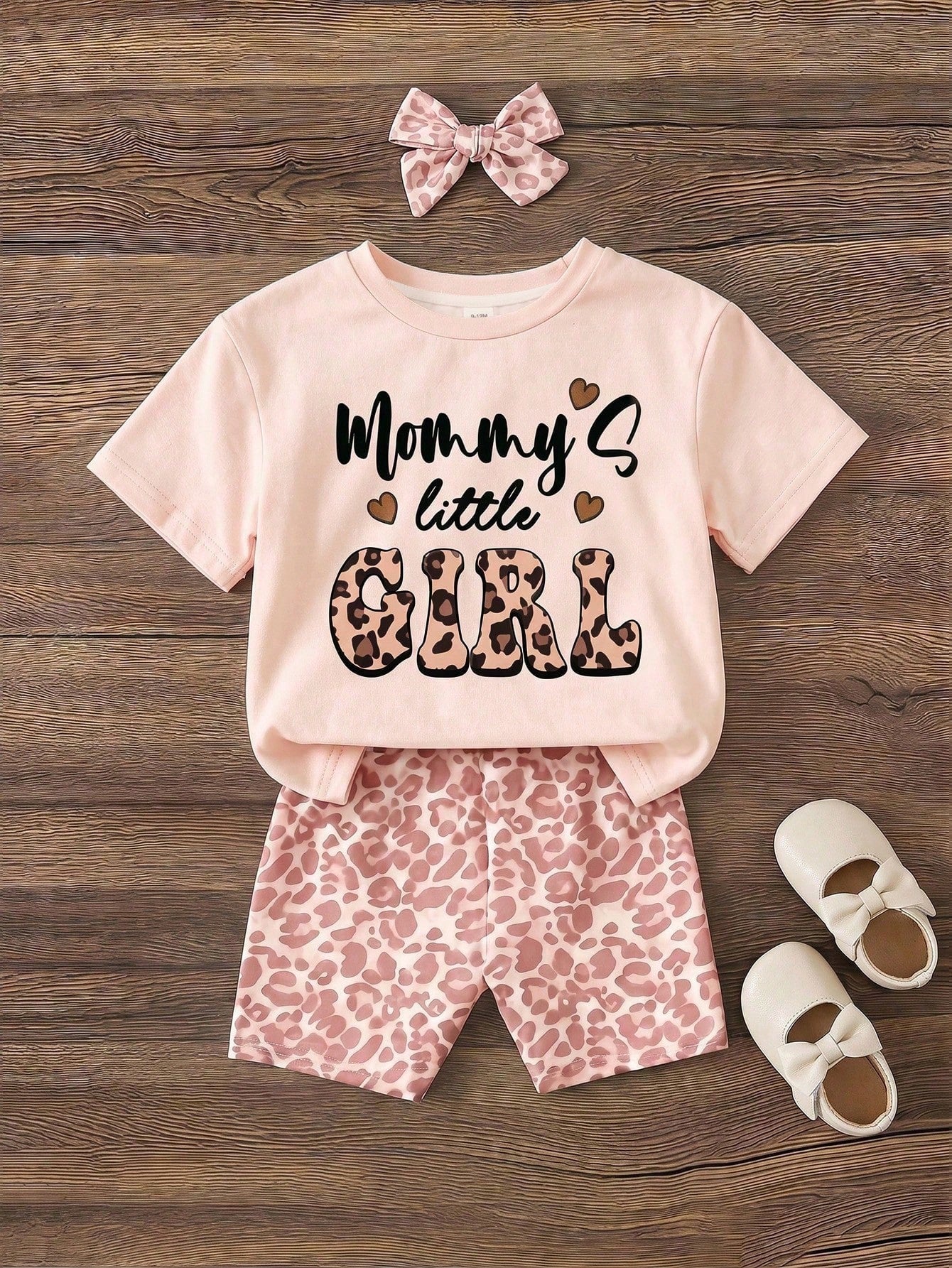 Baby Girl Cute Pink Retro Leopard Print Summer Set,Mama's Little Girl Casual Round Neck Short Sleeve T-Shirt And Skinny Shorts,Family Matching Style