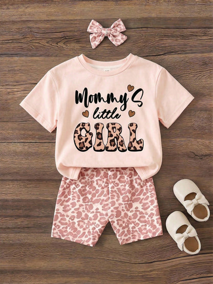 Baby Girl Cute Pink Retro Leopard Print Summer Set,Mama's Little Girl Casual Round Neck Short Sleeve T-Shirt And Skinny Shorts,Family Matching Style