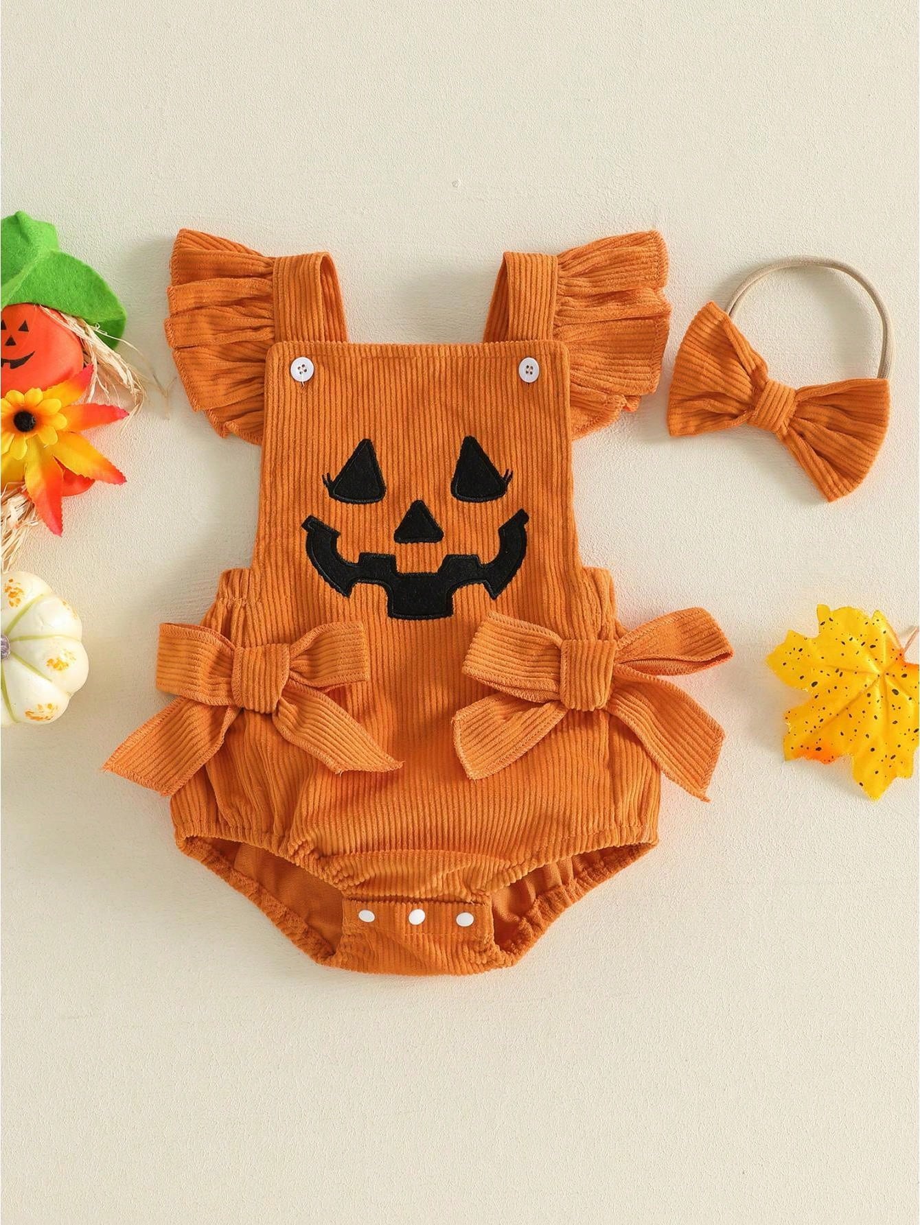 Baby Girl Halloween Outfit Devil Face Pattern Bows Ribbed Flying Sleeve Romper And Bow Headband 2 Pcs Set