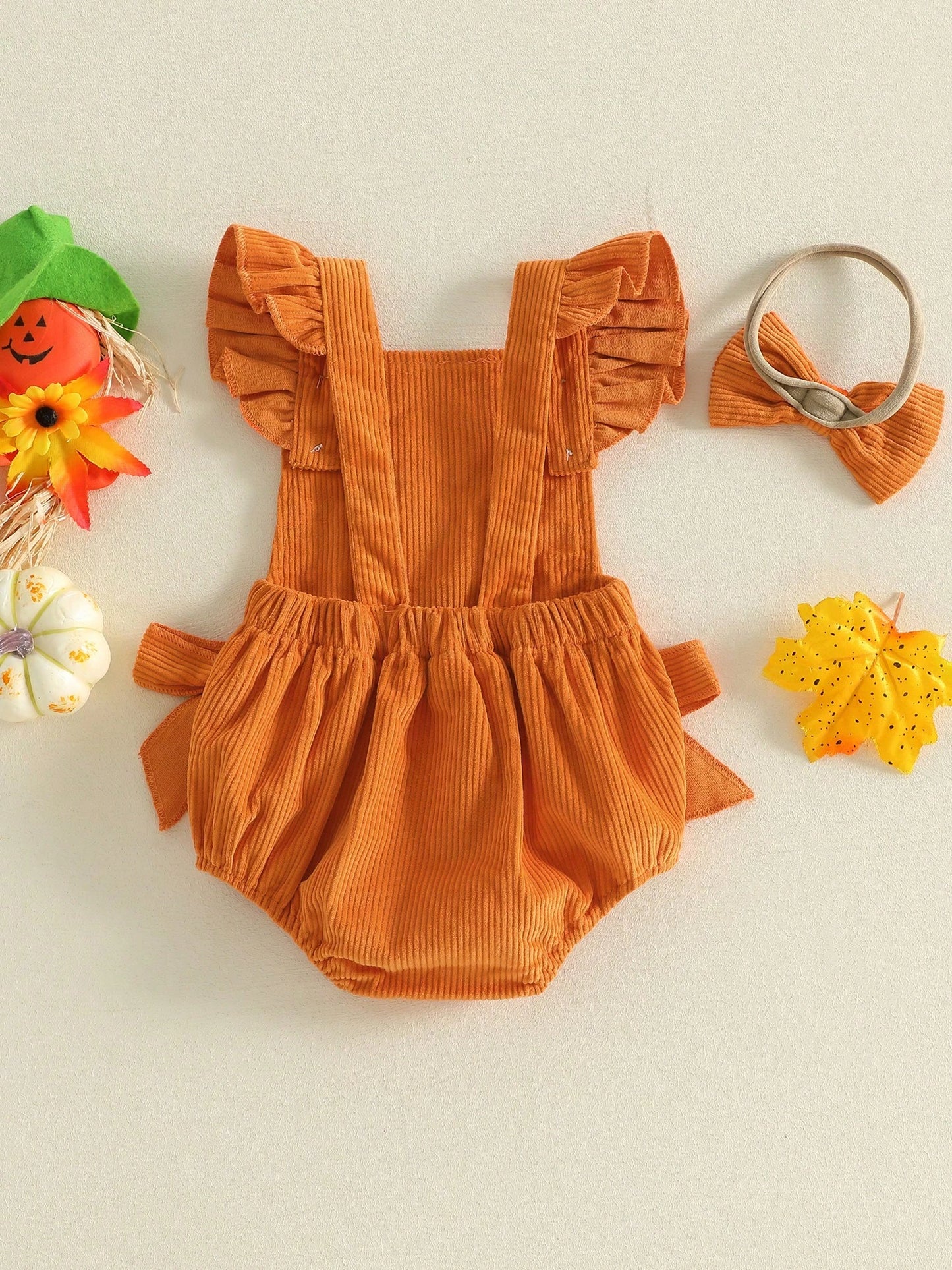Baby Girl Halloween Outfit Devil Face Pattern Bows Ribbed Flying Sleeve Romper And Bow Headband 2 Pcs Set