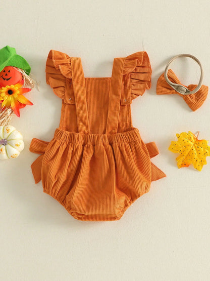 Baby Girl Halloween Outfit Devil Face Pattern Bows Ribbed Flying Sleeve Romper And Bow Headband 2 Pcs Set