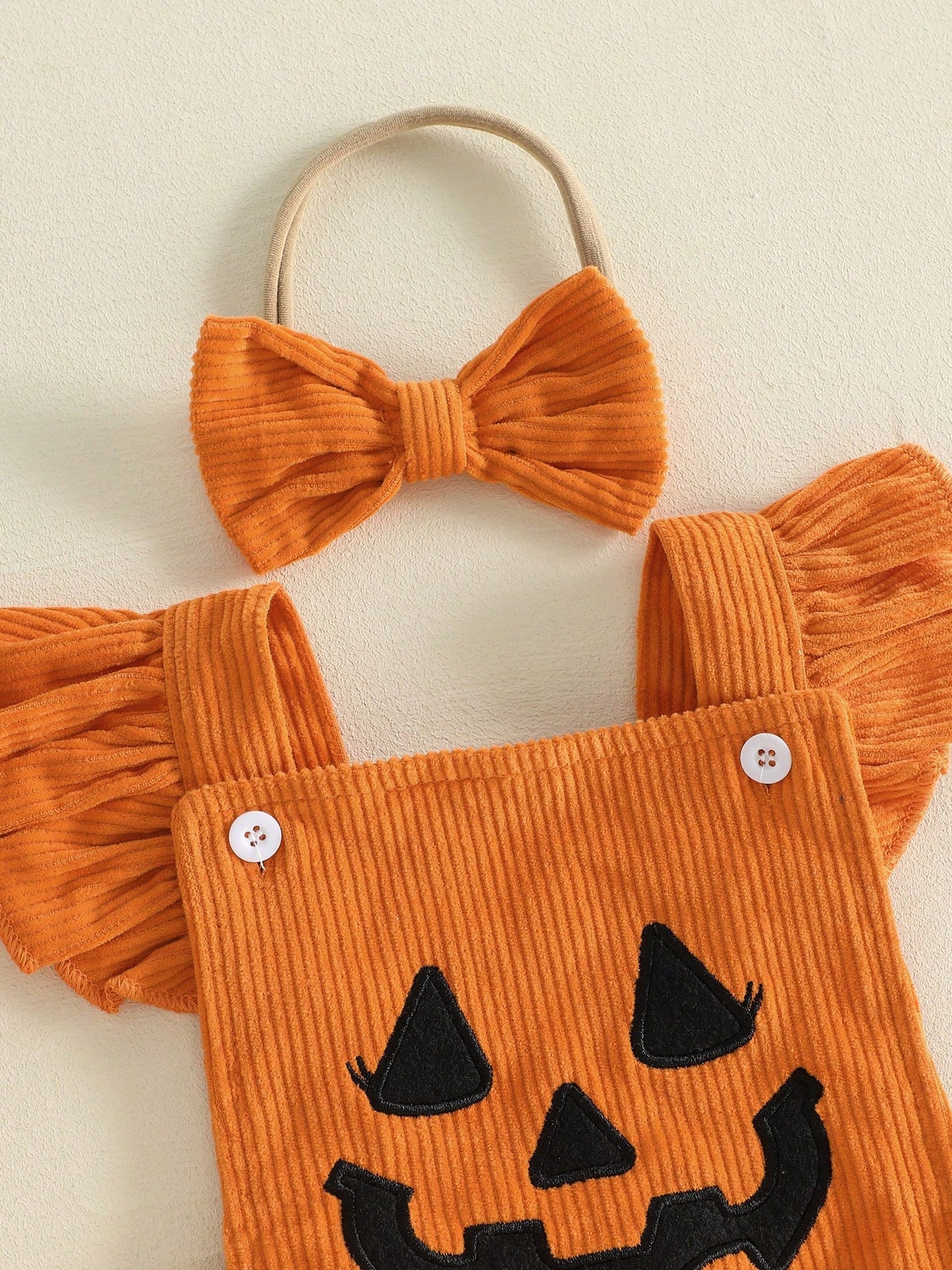 Baby Girl Halloween Outfit Devil Face Pattern Bows Ribbed Flying Sleeve Romper And Bow Headband 2 Pcs Set