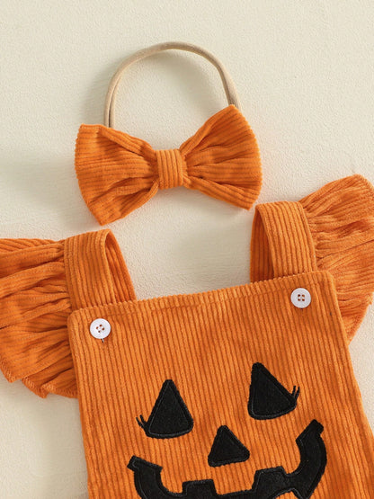 Baby Girl Halloween Outfit Devil Face Pattern Bows Ribbed Flying Sleeve Romper And Bow Headband 2 Pcs Set
