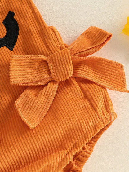 Baby Girl Halloween Outfit Devil Face Pattern Bows Ribbed Flying Sleeve Romper And Bow Headband 2 Pcs Set