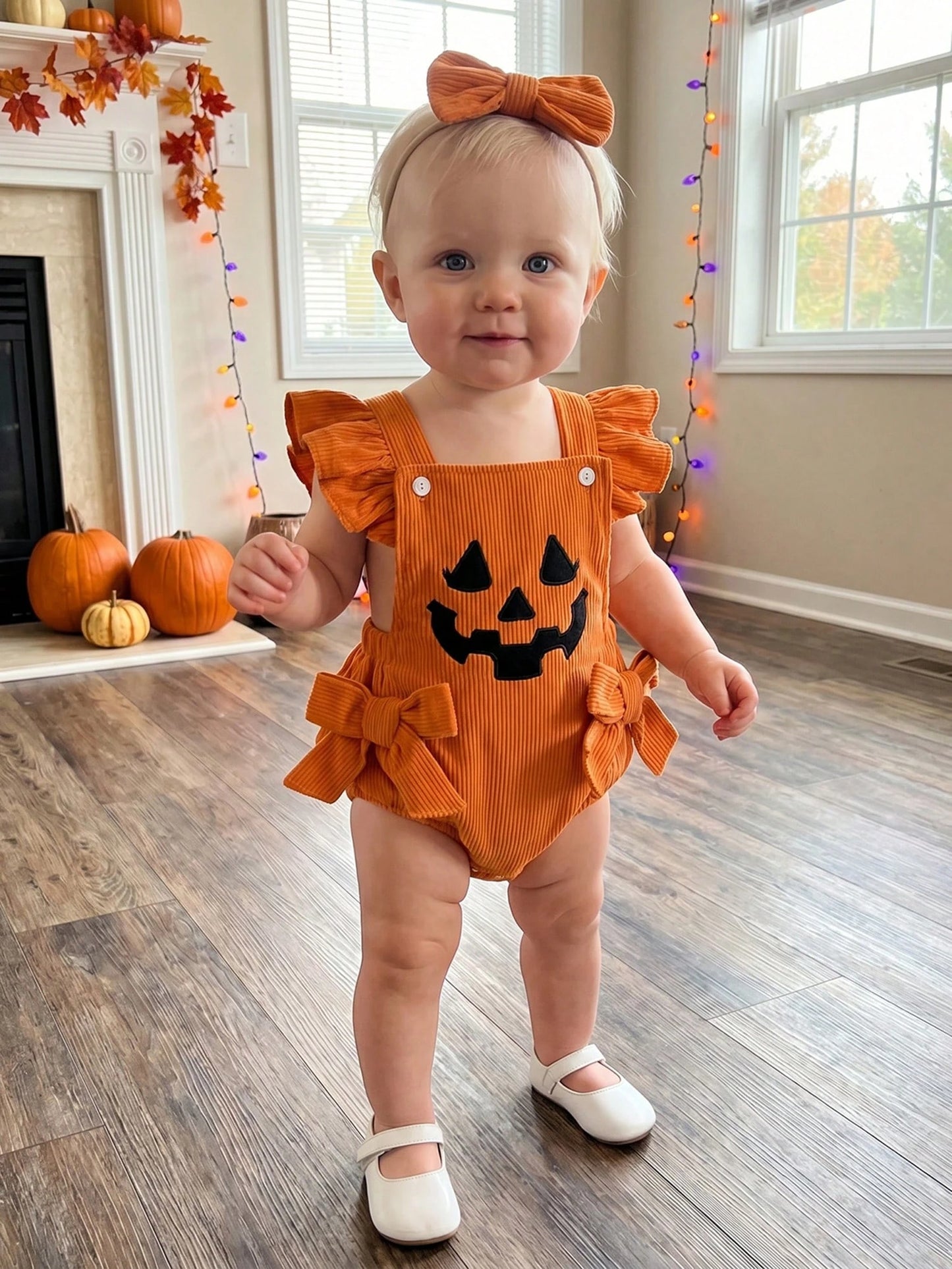 Baby Girl Halloween Outfit Devil Face Pattern Bows Ribbed Flying Sleeve Romper And Bow Headband 2 Pcs Set