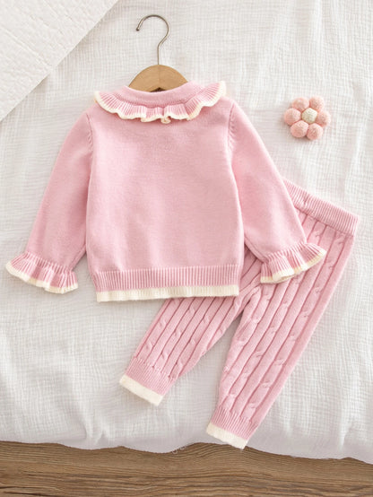 Baby Girl Knitted Peter Pan Collar Long Sleeve Loose Pullover Sweater And Pants 2 Pieces Set