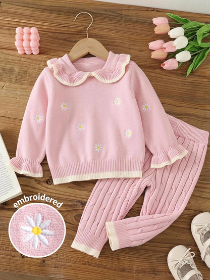 Baby Girl Knitted Peter Pan Collar Long Sleeve Loose Pullover Sweater And Pants 2 Pieces Set