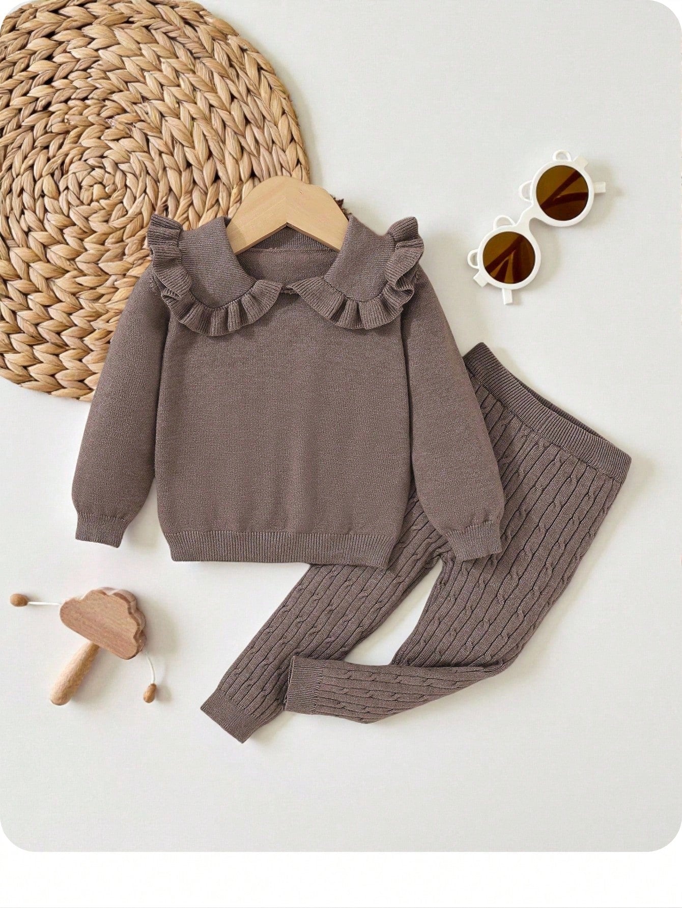 Baby Girl Knitted Peter Pan Collar Long Sleeve Loose Pullover Sweater And Pants 2 Pieces Set