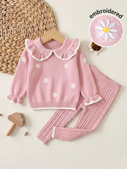 Baby Girl Knitted Peter Pan Collar Long Sleeve Loose Pullover Sweater And Pants 2 Pieces Set