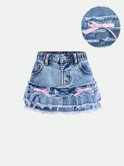 Baby Girl Lovely Pink Bow Blue Denim Skirt, Kid Spring And Summer Casual Vacation Country Boho Wear, Beach For Kid Girls, Festival Festival Of Girls