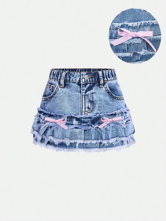 Baby Girl Lovely Pink Bow Blue Denim Skirt, Kid Spring And Summer Casual Vacation Country Boho Wear, Beach For Kid Girls, Festival Festival Of Girls