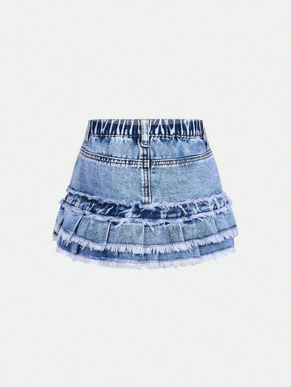 Baby Girl Lovely Pink Bow Blue Denim Skirt, Kid Spring And Summer Casual Vacation Country Boho Wear, Beach For Kid Girls, Festival Festival Of Girls