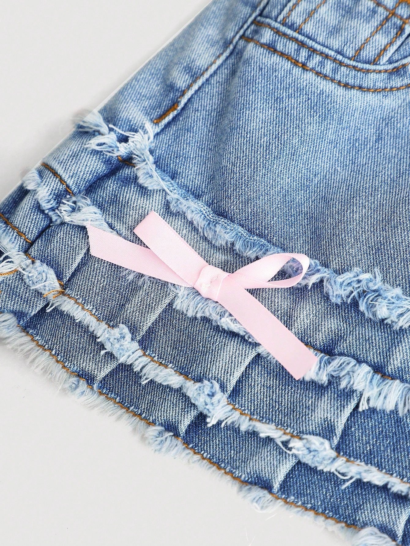 Baby Girl Lovely Pink Bow Blue Denim Skirt, Kid Spring And Summer Casual Vacation Country Boho Wear, Beach For Kid Girls, Festival Festival Of Girls
