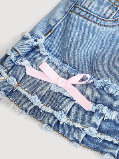 Baby Girl Lovely Pink Bow Blue Denim Skirt, Kid Spring And Summer Casual Vacation Country Boho Wear, Beach For Kid Girls, Festival Festival Of Girls