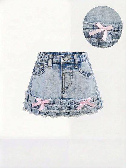 Baby Girl Lovely Pink Bow Blue Denim Skirt, Kid Spring And Summer Casual Vacation Country Boho Wear, Beach For Kid Girls, Festival Festival Of Girls