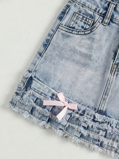 Baby Girl Lovely Pink Bow Blue Denim Skirt, Kid Spring And Summer Casual Vacation Country Boho Wear, Beach For Kid Girls, Festival Festival Of Girls