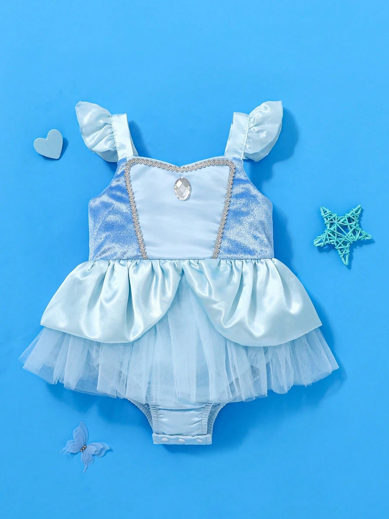 Baby Girl Princess Blue Beauty & Court Style Jewel Decor Mesh Bodysuit Dress