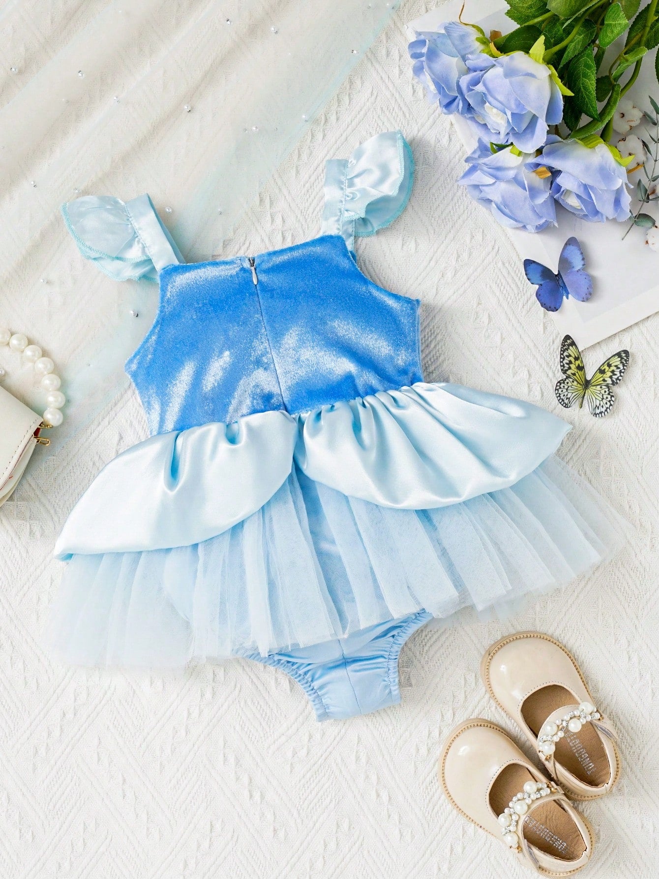 Baby Girl Princess Blue Beauty & Court Style Jewel Decor Mesh Bodysuit Dress