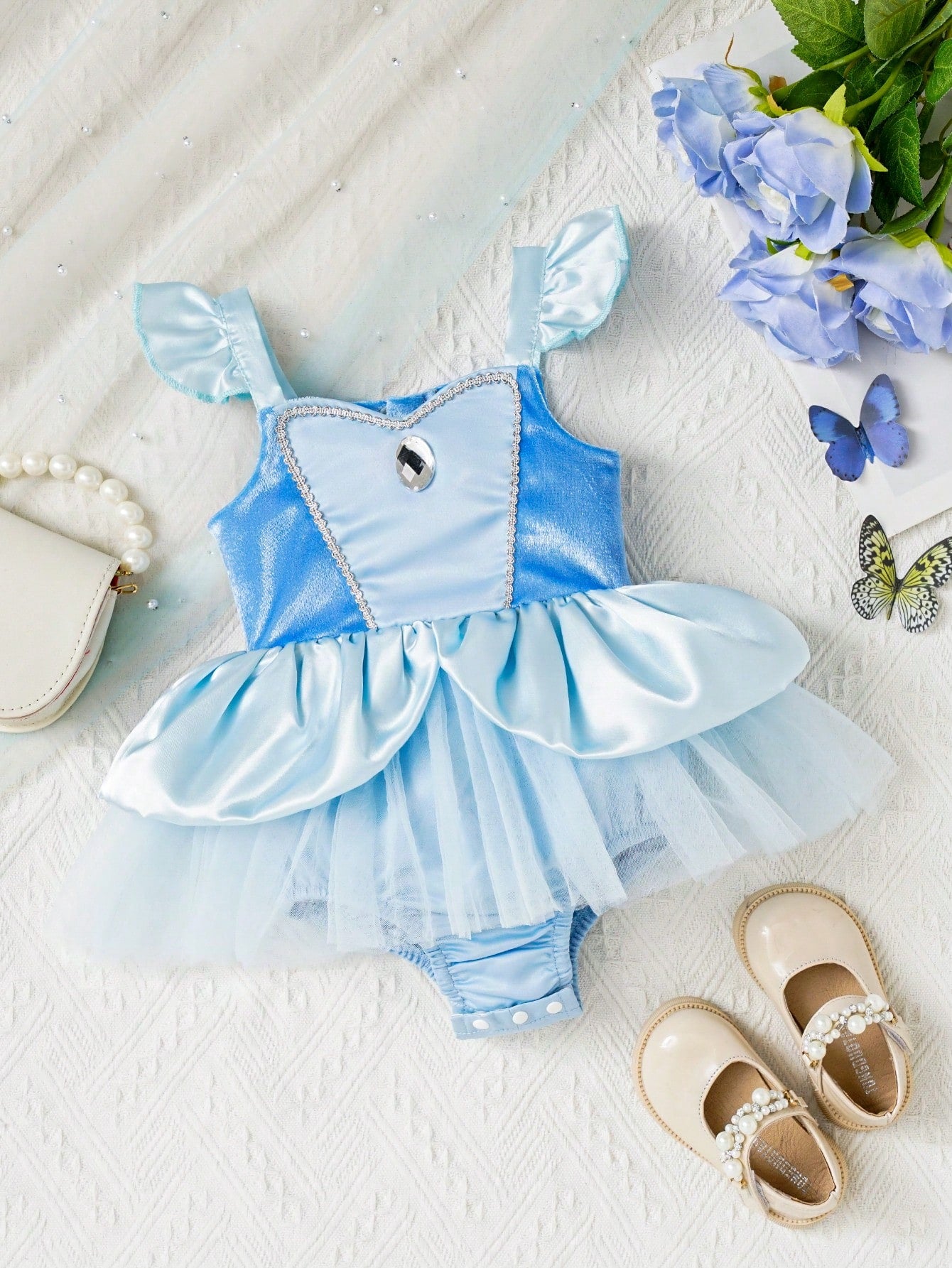 Baby Girl Princess Blue Beauty & Court Style Jewel Decor Mesh Bodysuit Dress