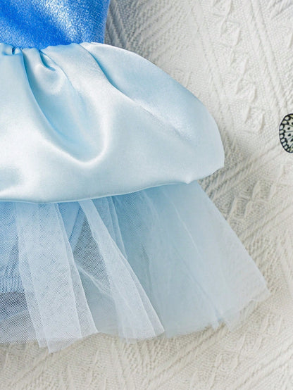 Baby Girl Princess Blue Beauty & Court Style Jewel Decor Mesh Bodysuit Dress