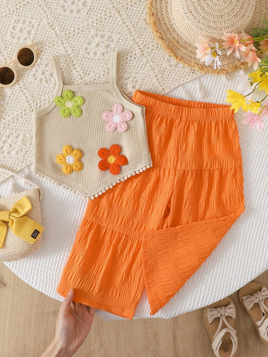 Baby Girl's Camisole And Trousers Set Featuring 3D Floral Embellishments And An Asymmetrical Fringed Hem-Perfect For Vacation.