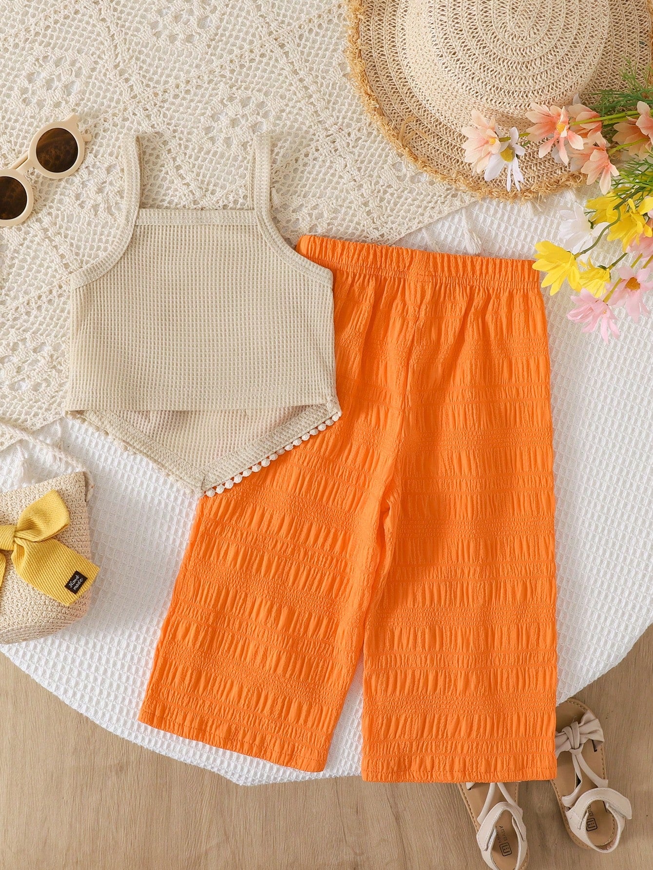 Baby Girl's Camisole And Trousers Set Featuring 3D Floral Embellishments And An Asymmetrical Fringed Hem-Perfect For Vacation.