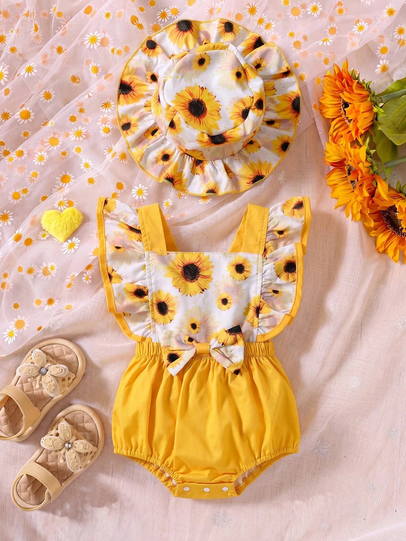 Baby Girl Sunflower Print Ruffle Trim Bodysuit