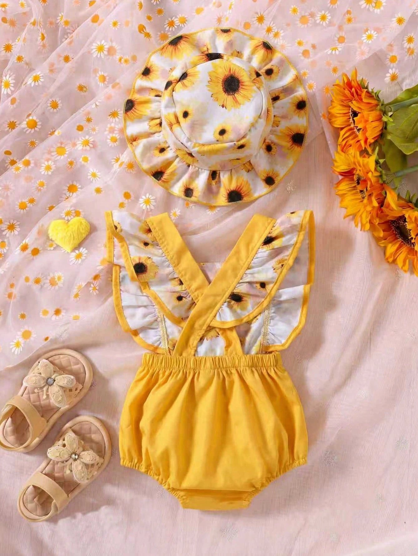Baby Girl Sunflower Print Ruffle Trim Bodysuit