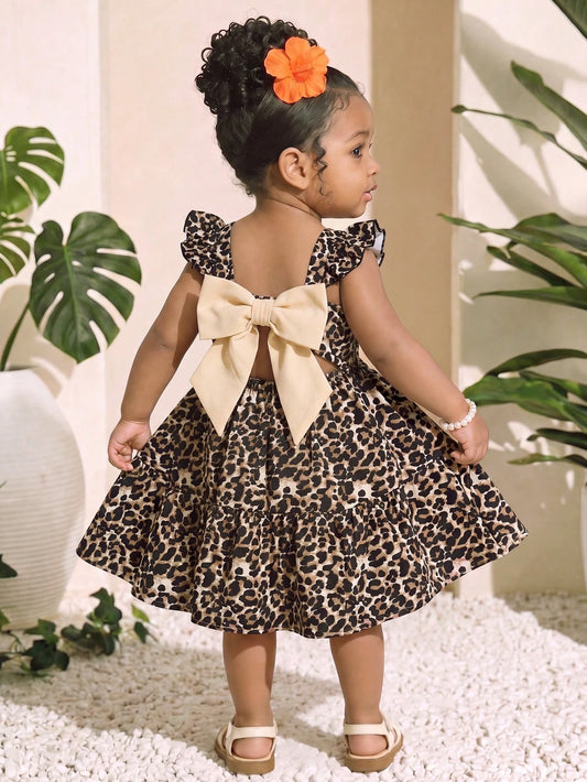 Baby Girl Woven Leopard Print Square Neck Ruffle Hem Casual Dress