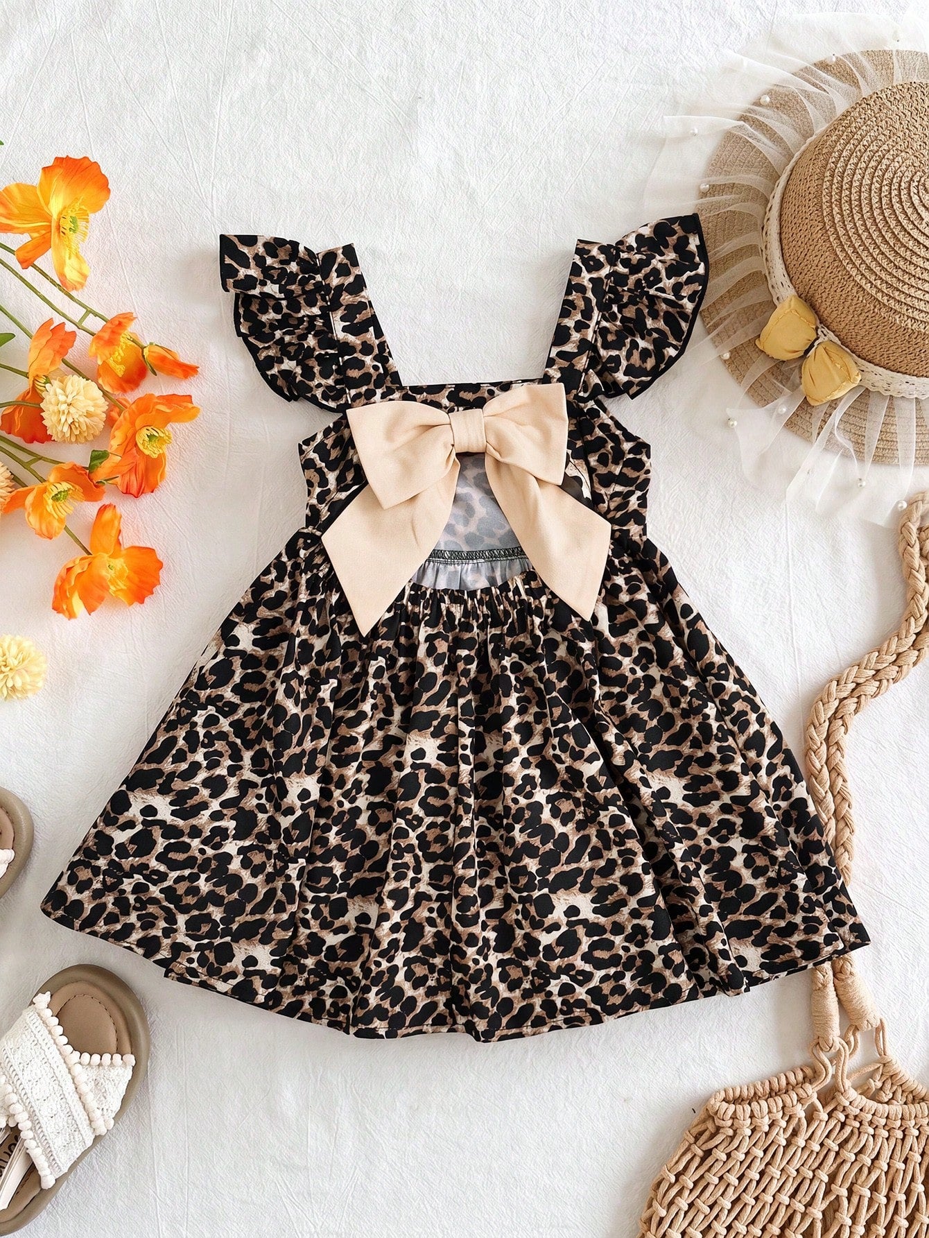 Baby Girl Woven Leopard Print Square Neck Ruffle Hem Casual Dress