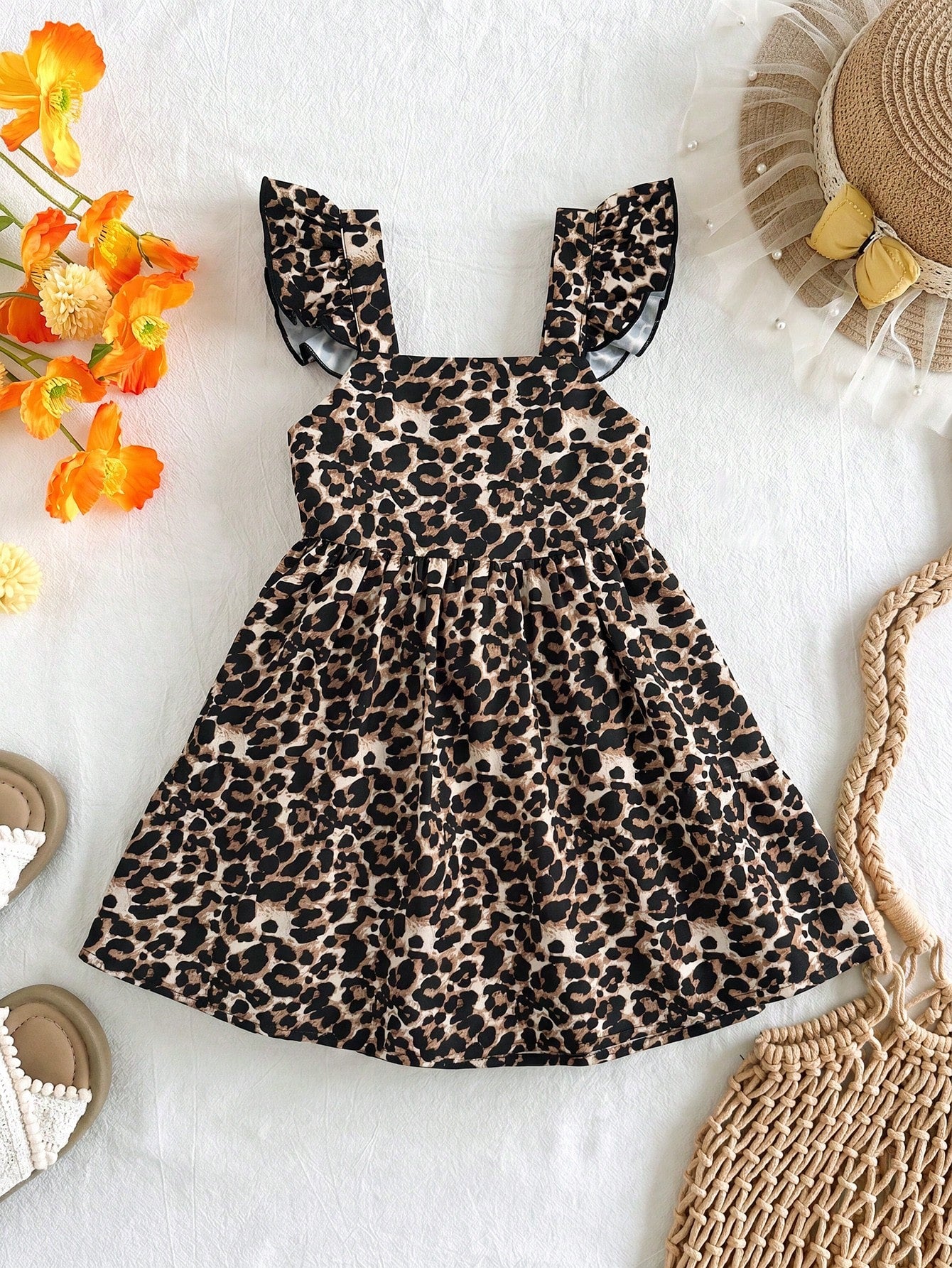 Baby Girl Woven Leopard Print Square Neck Ruffle Hem Casual Dress