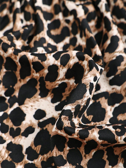 Baby Girl Woven Leopard Print Square Neck Ruffle Hem Casual Dress