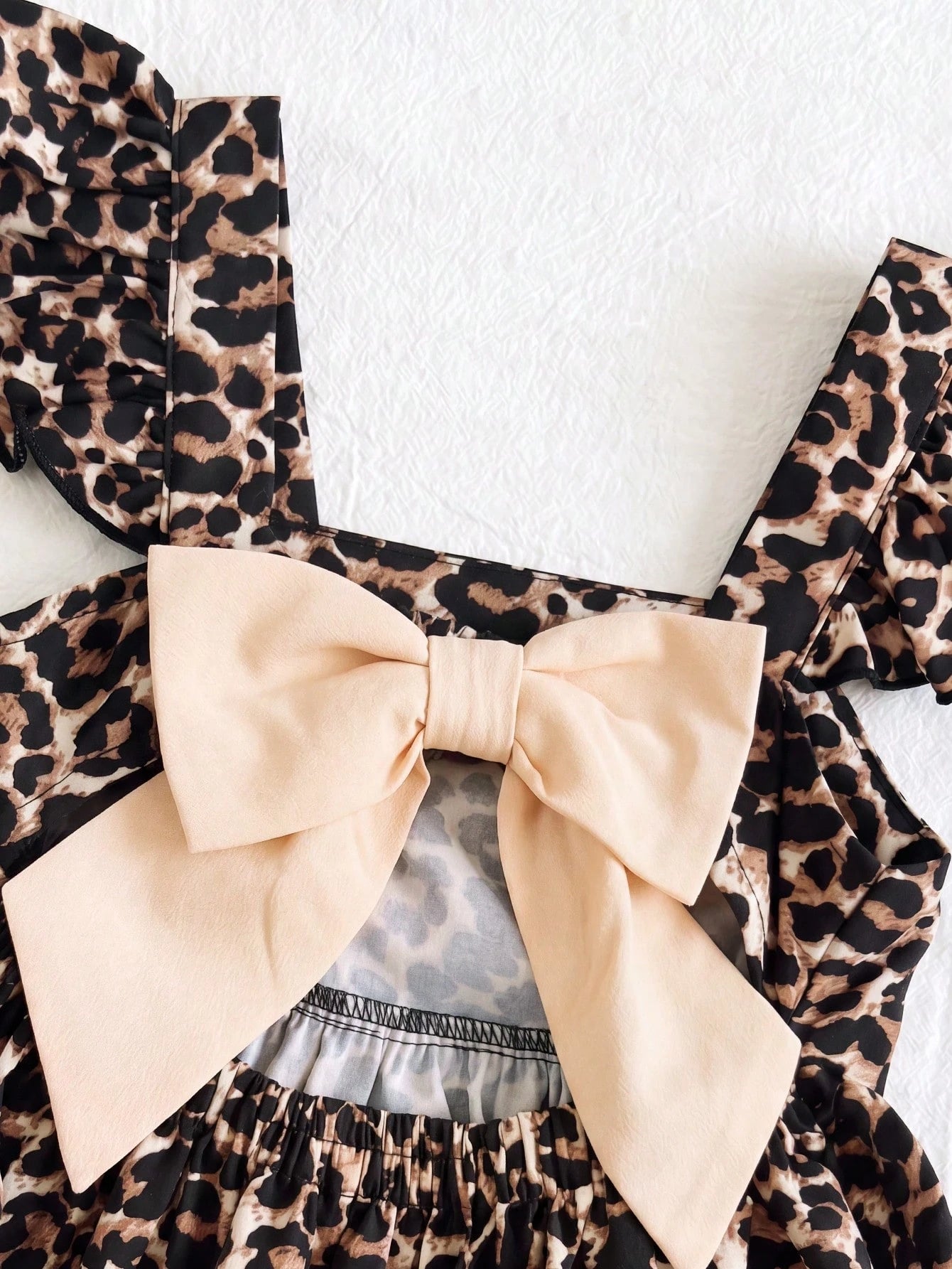 Baby Girl Woven Leopard Print Square Neck Ruffle Hem Casual Dress