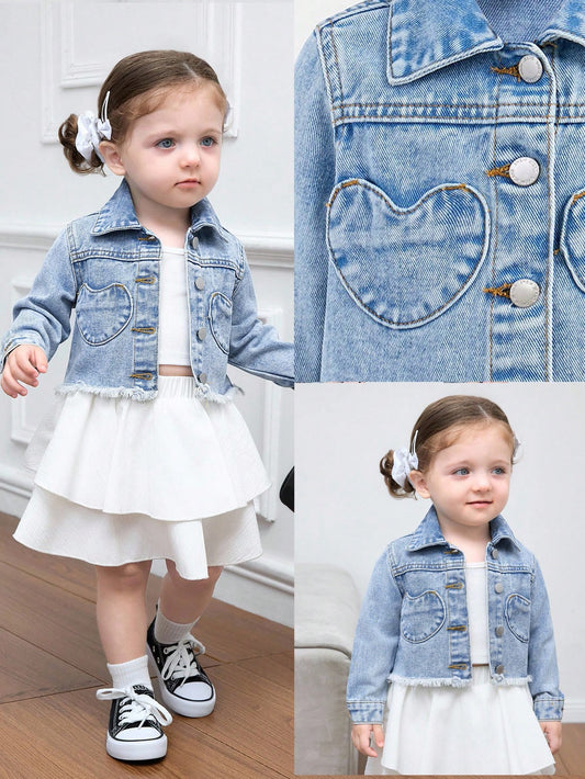 Baby Girl Y2k Cute Denim Cute Heart-Shaped Pocket Long-Sleeved Short Jacket, Fall Kid's Casual And Comfortable Wear, Back To School Clothes, Kawaii, Baby Girl Jean Jacket Winter